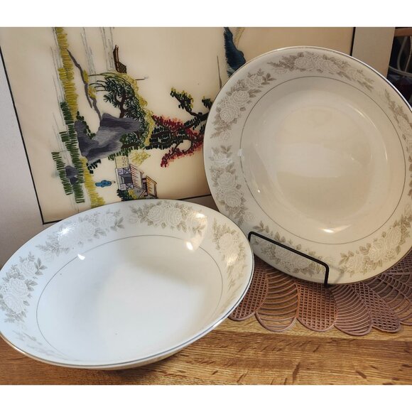 Fine China of Japan Gray & White Roses Adele 9" Serving Bowl Set of 2 - Picture 1 of 8